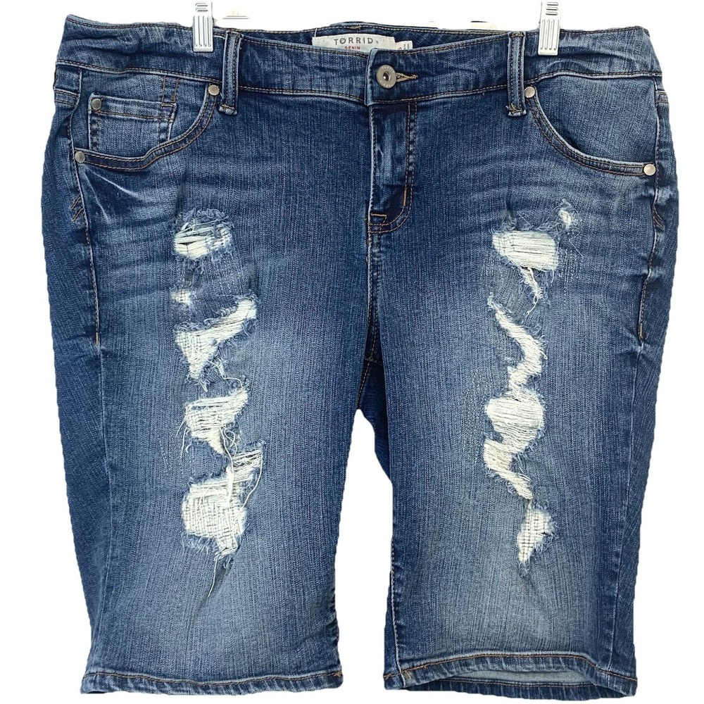Torrid Denim Jean Shorts Mid Rise Inseam 10" Stretch Distress Pockets Size 16